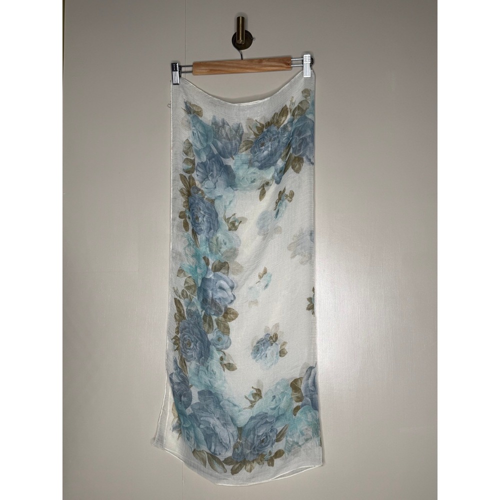 Sheer Blue Rose Floral Scarf Oversized Romantic Wrap 34 x 32